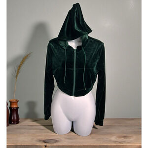 Shein Velour Hoodie Sz Small Dark Forest Green Full Zip Pockets Velvet Hood Top
